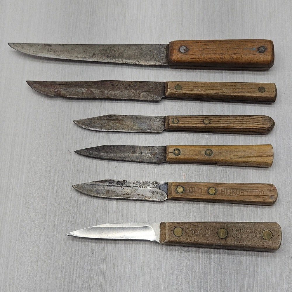 6pc Vintage Kitchen Knife Lot Old Hickory Chicago Cutlery Carbon Steel Wood